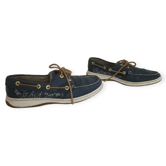 Sperry Topsiders Navy Bluefish Critter Print 2-Eyed Leather Boat Shoe Size 7.5 - Picture 1 of 10